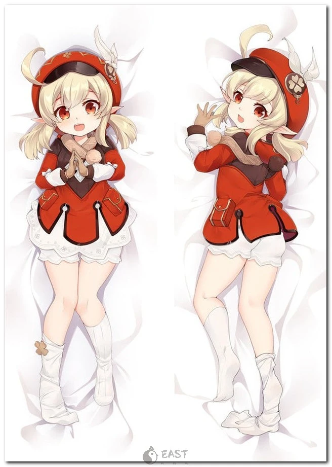 Premium Klee Genshin Impact dakimakura cover (body pillow) designed for fans. Compatible with AI voice dakimakura systems. Official Eastana artwork. Klee from Genshin Impact on anime body pillow cover (dakimakura)