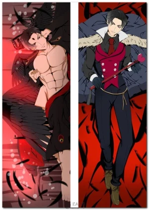 Lucifer anime dakimakura body pillow with 'Obey Me' text