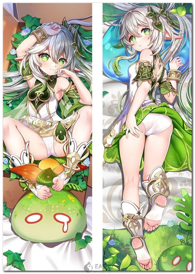 Official-style Nahida Genshin Impact dakimakura cover image. Designed for anime body pillows with AI voice integration support. Exclusive eastana digital artwork. Nahida from Genshin Impact on anime body pillow (dakimakura) cover