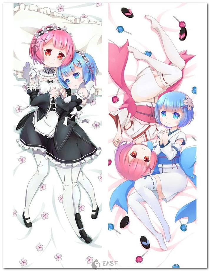 High-quality Ram and Rem Re:Zero dakimakura (anime body pillow) by Eastana, compatible with AI voice technology for immersive fan experience. Ram and Rem from Re:Zero dakimakura anime body pillow